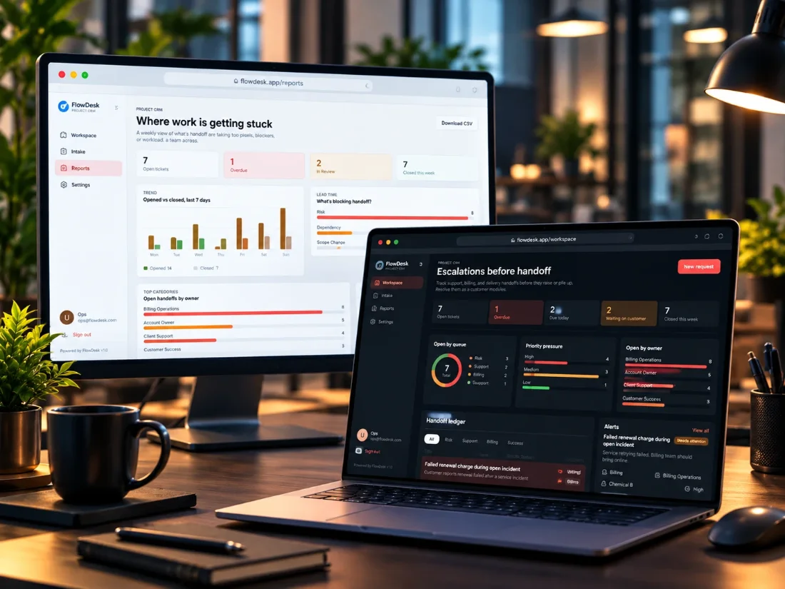 FlowDesk on a desk setup: the Reports view on a monitor and the dark-theme escalations workspace on a laptop