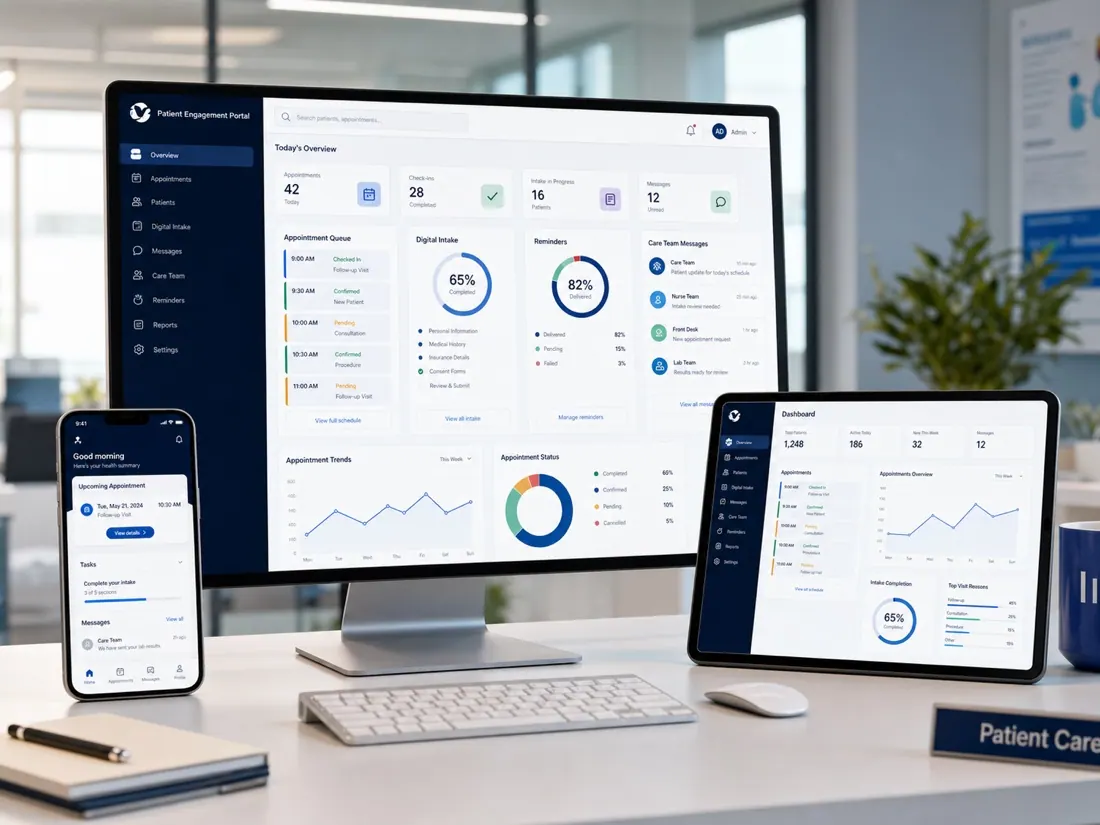 MedSync patient engagement portal mockup across desktop and mobile