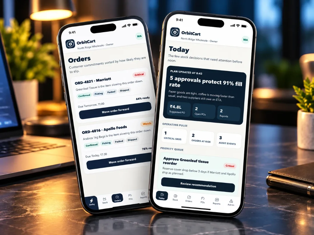 OrbitCart on two phones on a desk: the Orders screen and the Today screen with five reorder approvals