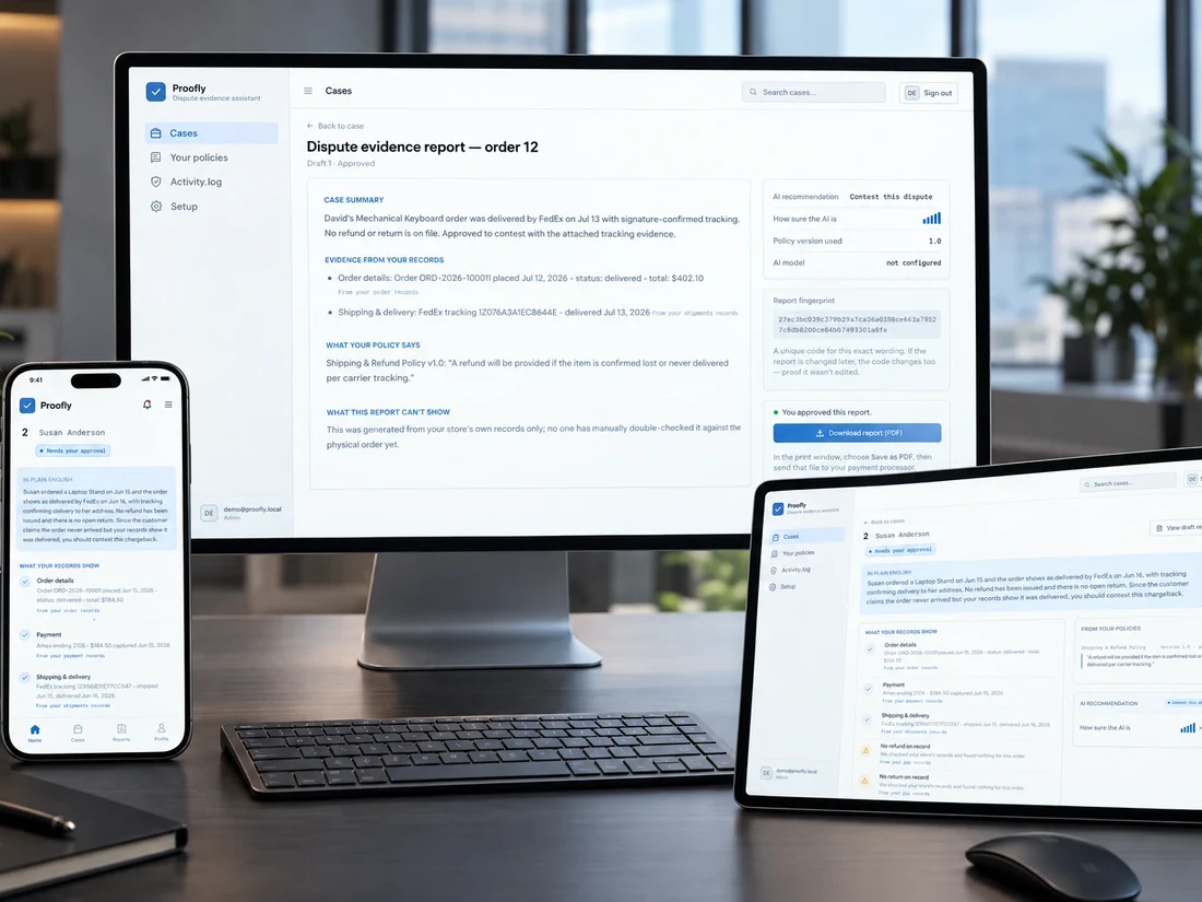 Proofly chargeback dispute review screen showing an AI recommendation and policy citation